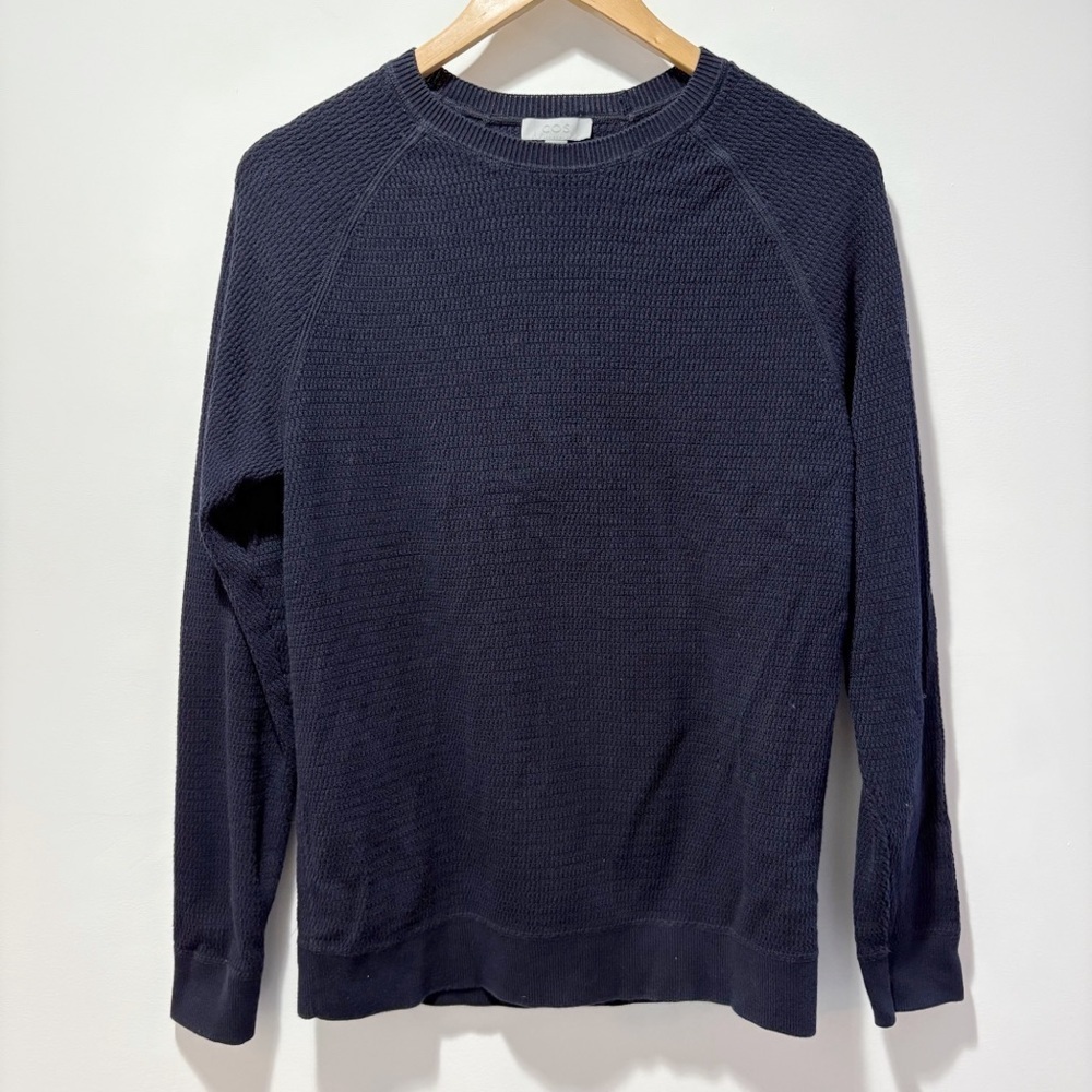 COS Men's Navy Blue 100% Cotton Sweater Waffle Knit Size Medium Textured Winter